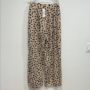Terea Andrea pitter women’ pleated front Beige Polka Dot Wide Leg Pant large new